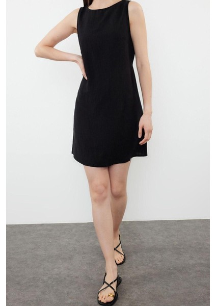 Moda Regular Gündüz Gece Keten Karışımlı Dokuma Bisiklet Yaka Askılı Kol A-Line Mini Boy Elbise modelleri