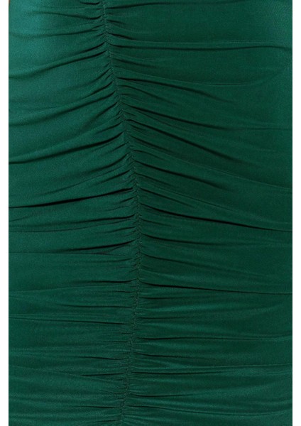 Moda Kolsuz V Yaka Maxi Elbise Petrol Büzgülü Fitted Vücuda Oturan Midi Esnek Örme Kalem Elbise