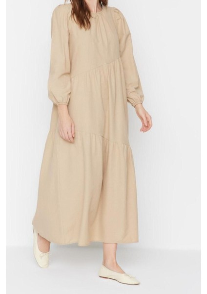 Moda Regular Casual Günlük Terrycotton Dokuma Bisiklet Yaka Uzun Kol A-Line Maxi Boy Tesettür Elbise