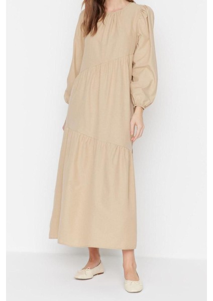 Moda Regular Casual Günlük Terrycotton Dokuma Bisiklet Yaka Uzun Kol A-Line Maxi Boy Tesettür Elbise modelleri