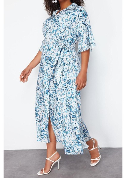 Moda Rahat Casual Günlük Shally Dokuma Gömlek Yaka Kısa Kol A-Line Maxi Boy Büyük Beden Elbise modelleri