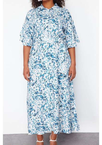 Moda Rahat Casual Günlük Shally Dokuma Gömlek Yaka Kısa Kol A-Line Maxi Boy Büyük Beden Elbise indirimleri