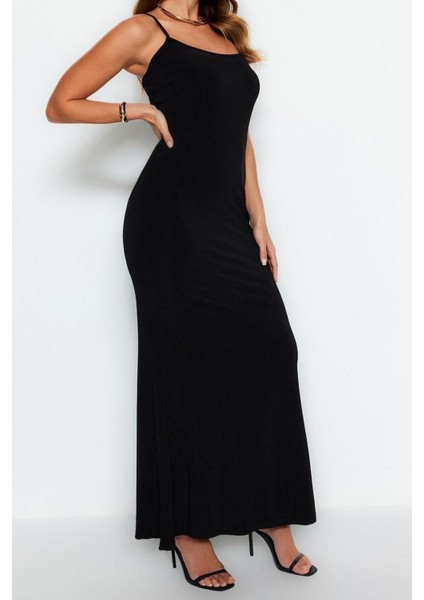 Moda Askılı Kare Yaka Maxi Elbise Siyah Fitted Vücuda Oturan Askılı Maxi Esnek Örme Kalem Elbise