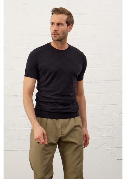 Erkek Bisiklet Yaka Slim-Fit Kalıp Yazlık Triko T-Shirt Koyu Lacivert - 5017DNGR fiyatları