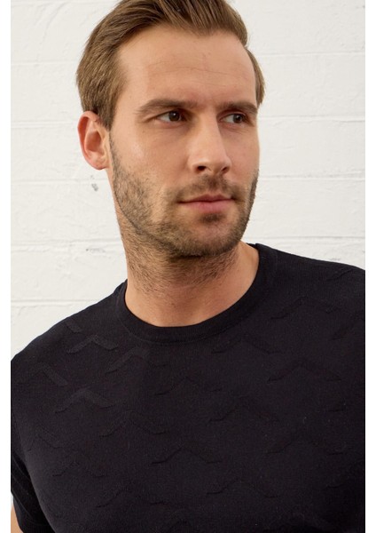 Erkek Bisiklet Yaka Slim-Fit Kalıp Yazlık Triko T-Shirt Koyu Lacivert - 5017DNGR modelleri