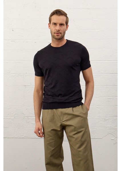 Erkek Bisiklet Yaka Slim-Fit Kalıp Yazlık Triko T-Shirt Koyu Lacivert - 5017DNGR fırsatları