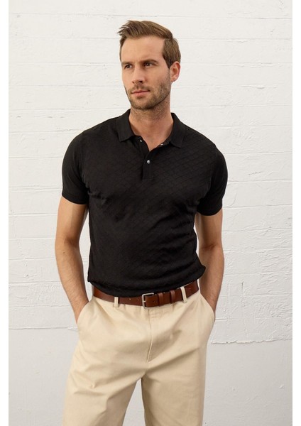Erkek Yumuşak Dokulu Slim-Fit Kalıp Polo Yaka Ince Triko T-Shirt Siyah - 5008DNGR
