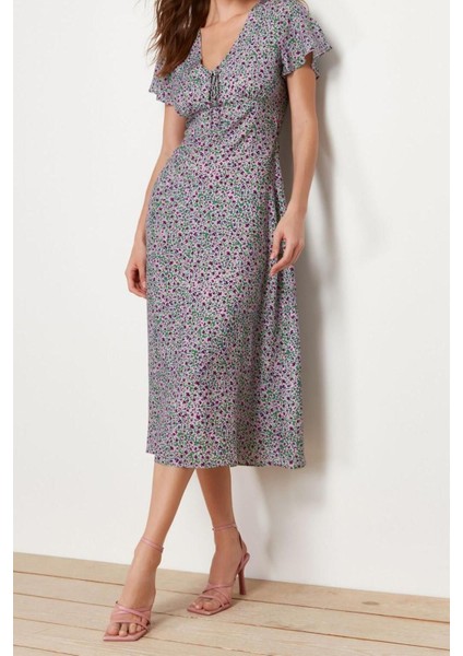 Moda Regular Casual Günlük Shally Dokuma V Yaka Kısa Kol A-Line Midi Boy Elbise