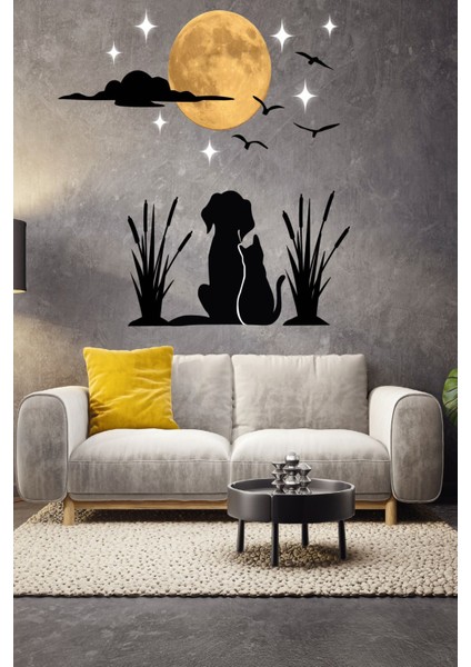 Günbatımı Güneş Kedi Köpek Kuş Yıldız ve Bulut Temalı Siyah Beyaz Çocuk Odası Duvar Sticker