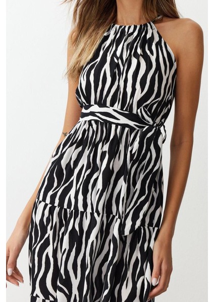 Kolsuz Halter Yaka Maxi Elbise Siyah Animal Shift Shally Maxi Dokuma Elbise