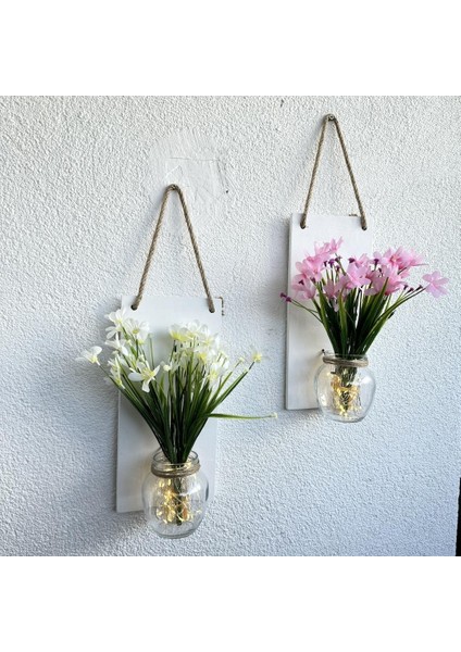 LED Işıklı Pembe ve Beyaz Nergis Çiçekli Duvar Dekoru Beyaz İkili Set fiyatları