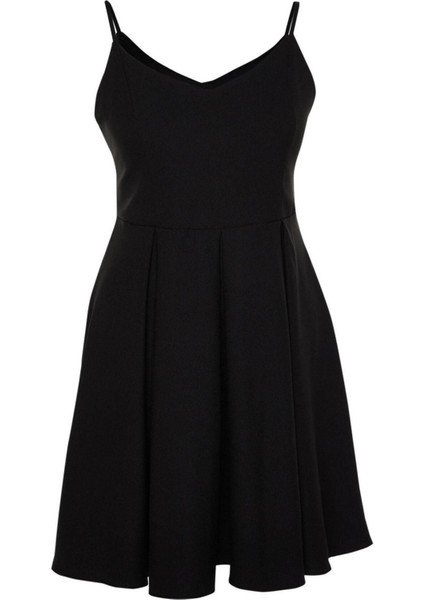 Moda Rahat Düğün Nikah Krep Dokuma V Yaka Askılı Kol Skater Mini Boy Büyük Beden Elbise