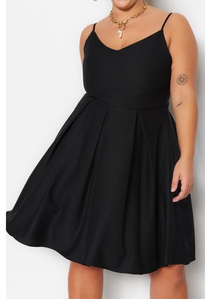 Moda Rahat Düğün Nikah Krep Dokuma V Yaka Askılı Kol Skater Mini Boy Büyük Beden Elbise modelleri