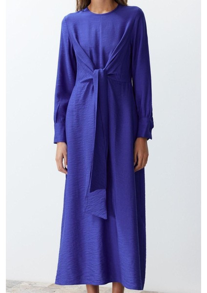 Moda Regular Casual Günlük Aerobin Dokuma V Yaka Uzun Kol A-Line Midi Boy Tesettür Elbise