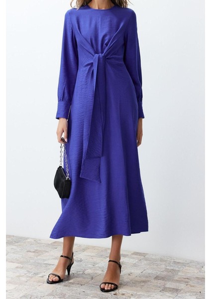 Moda Regular Casual Günlük Aerobin Dokuma V Yaka Uzun Kol A-Line Midi Boy Tesettür Elbise fiyatları