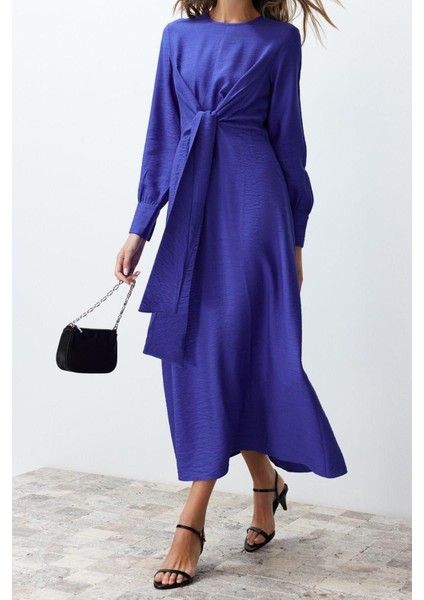 Moda Regular Casual Günlük Aerobin Dokuma V Yaka Uzun Kol A-Line Midi Boy Tesettür Elbise modelleri