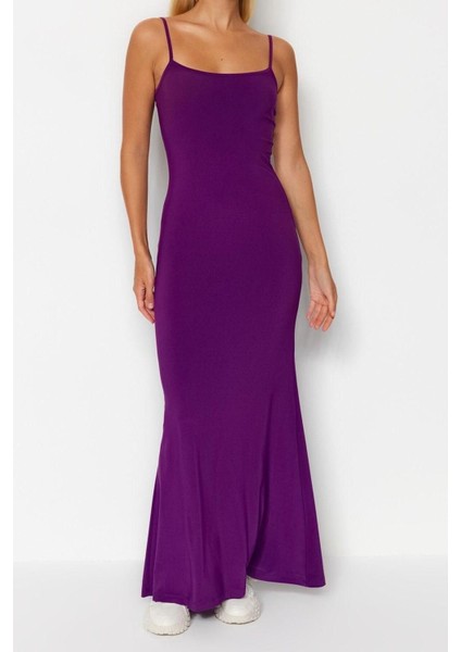 Moda Askılı Kare Yaka Maxi Elbise Mor Fitted Vücuda Oturan Askılı Maxi Esnek Örme Kalem Elbise