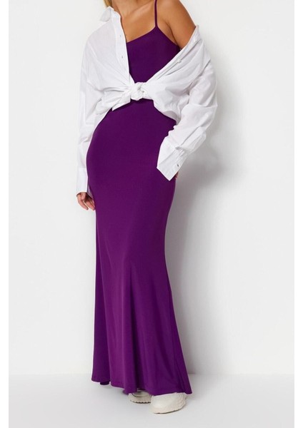 Moda Askılı Kare Yaka Maxi Elbise Mor Fitted Vücuda Oturan Askılı Maxi Esnek Örme Kalem Elbise
