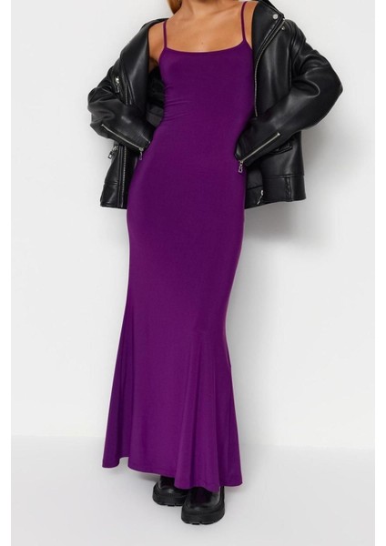 Moda Askılı Kare Yaka Maxi Elbise Mor Fitted Vücuda Oturan Askılı Maxi Esnek Örme Kalem Elbise