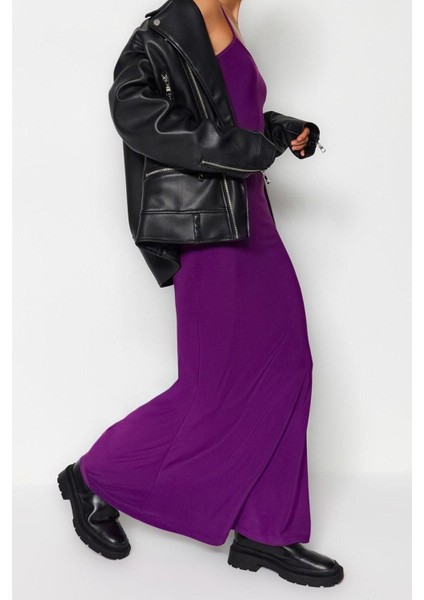 Moda Askılı Kare Yaka Maxi Elbise Mor Fitted Vücuda Oturan Askılı Maxi Esnek Örme Kalem Elbise