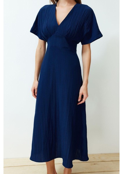 Moda Regular Casual Günlük Crinkle Dokuma V Yaka Kısa Kol A-Line Maxi Boy Elbise
