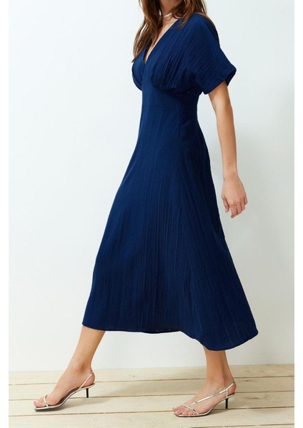 Moda Regular Casual Günlük Crinkle Dokuma V Yaka Kısa Kol A-Line Maxi Boy Elbise