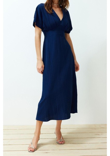 Moda Regular Casual Günlük Crinkle Dokuma V Yaka Kısa Kol A-Line Maxi Boy Elbise