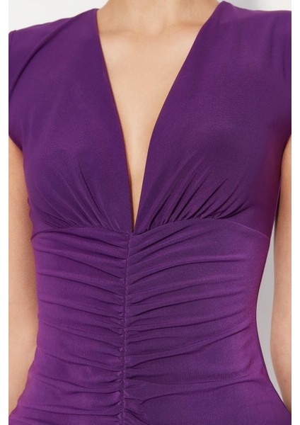 Moda Kolsuz V Yaka Maxi Elbise Mor Fitted Vücuda Oturan Büzgü Detaylı Midi Esnek Örme Kalem Elbise