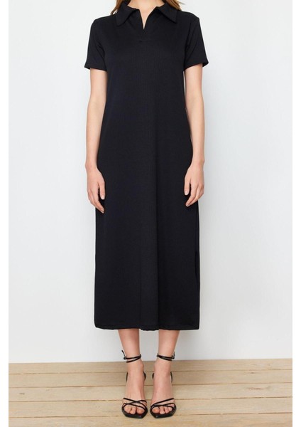 Moda Kısa Kollu Polo Yaka Midi Elbise Siyah Polo Yaka Shift Normal Kesim Midi Örme Elbise