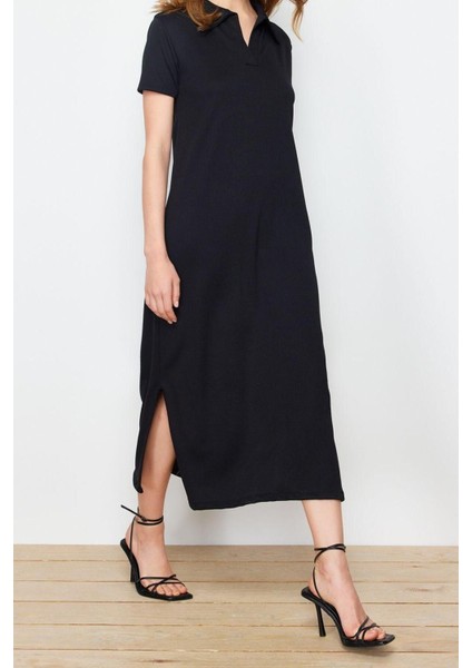 Moda Kısa Kollu Polo Yaka Midi Elbise Siyah Polo Yaka Shift Normal Kesim Midi Örme Elbise