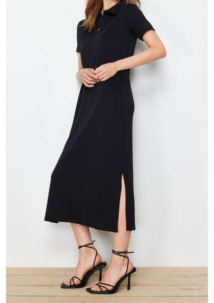 Moda Kısa Kollu Polo Yaka Midi Elbise Siyah Polo Yaka Shift Normal Kesim Midi Örme Elbise