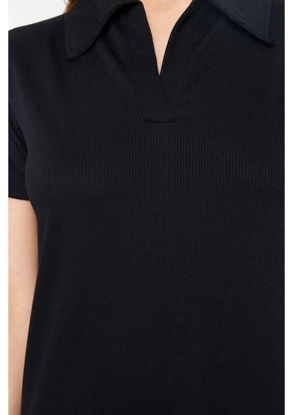 Moda Kısa Kollu Polo Yaka Midi Elbise Siyah Polo Yaka Shift Normal Kesim Midi Örme Elbise