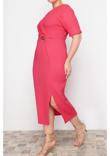 Moda Fit Business Bürümcük Örme Kruvaze Uzun Kol Shift Midi Boy Büyük Beden Elbise