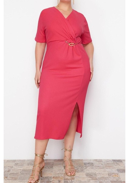Moda Fit Business Bürümcük Örme Kruvaze Uzun Kol Shift Midi Boy Büyük Beden Elbise