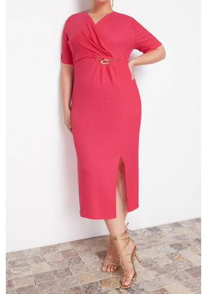 Moda Fit Business Bürümcük Örme Kruvaze Uzun Kol Shift Midi Boy Büyük Beden Elbise