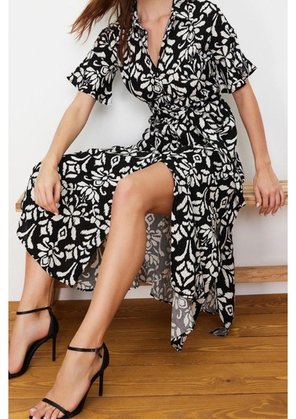 Moda Regular Casual Günlük Shally Dokuma Gömlek Yaka Kısa Kol Gömlek Elbise Midi Boy Elbise