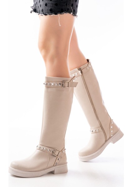 02-307 Bej Düz Topuklu Günlük Bayan Binici Çizme