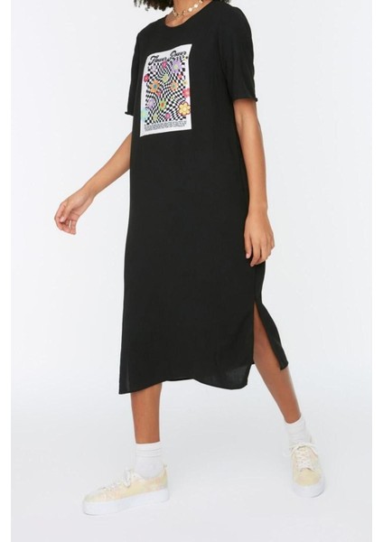 Moda Rahat Casual Günlük Aerobin Dokuma Bisiklet Yaka Kısa Kol Shift Midi Boy Elbise