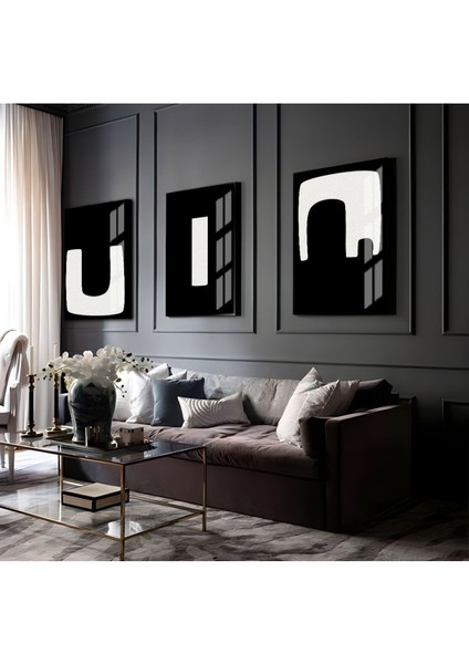 Siyah-Beyaz Soyut Abstract Kombin 05 |Çerçeveli Cam Tablo 3lü Dikey