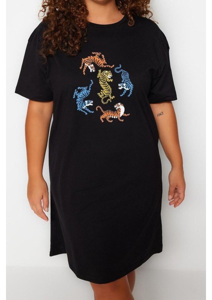 Moda Rahat Günlük Süprem Örme Bisiklet Yaka Kısa Kol T-Shirt Elbise Mini Boy Büyük Beden Elbise
