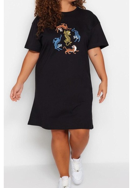 Moda Rahat Günlük Süprem Örme Bisiklet Yaka Kısa Kol T-Shirt Elbise Mini Boy Büyük Beden Elbise