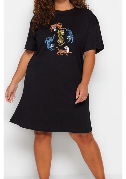 Moda Rahat Günlük Süprem Örme Bisiklet Yaka Kısa Kol T-Shirt Elbise Mini Boy Büyük Beden Elbise
