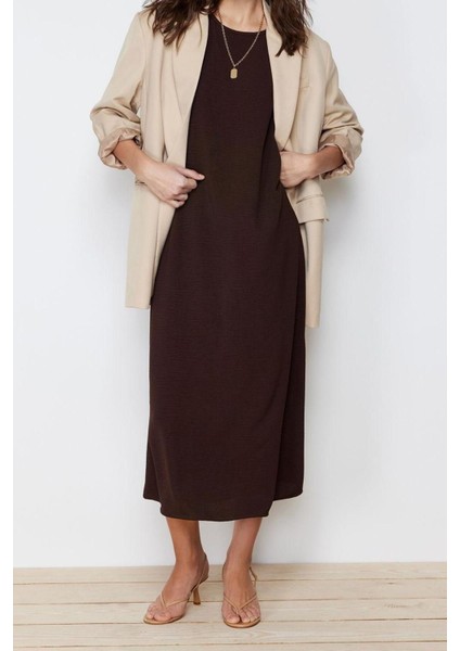 Moda Regular Casual Günlük Aerobin Dokuma Bisiklet Yaka Kolsuz Kol Shift Maxi Boy Tesettür Elbise