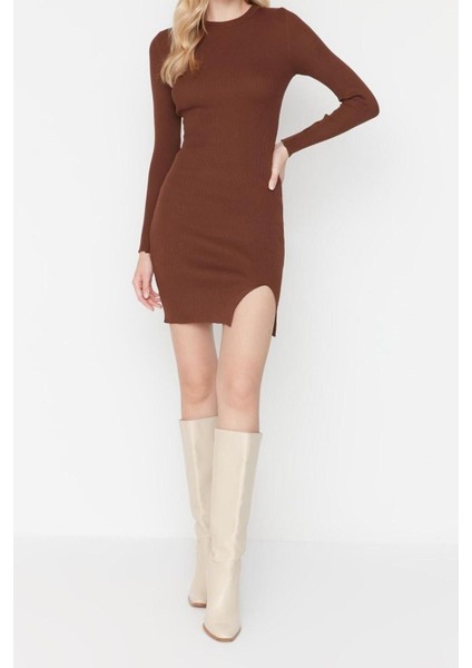 Moda Slim Gündüz Gece Tek Plaka Triko Bisiklet Yaka Uzun Kol Bodycone Mini Boy Elbise modelleri
