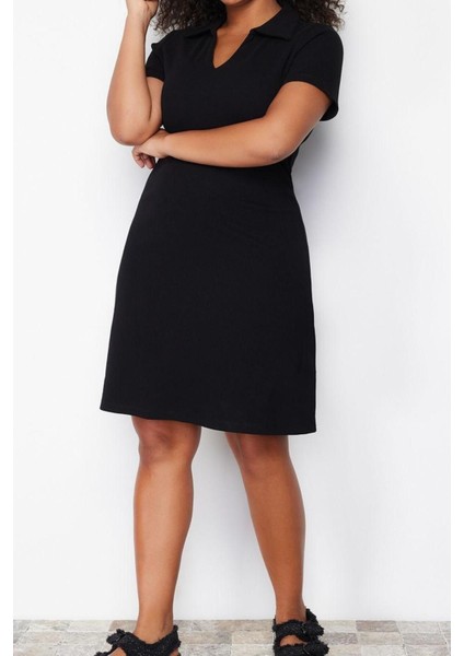 Moda Slim Casual Günlük Kaşkorse Örme Polo Yaka Kısa Kol A-Line Midi Boy Büyük Beden Elbise fiyatları