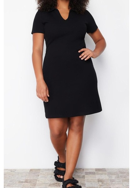 Moda Slim Casual Günlük Kaşkorse Örme Polo Yaka Kısa Kol A-Line Midi Boy Büyük Beden Elbise modelleri