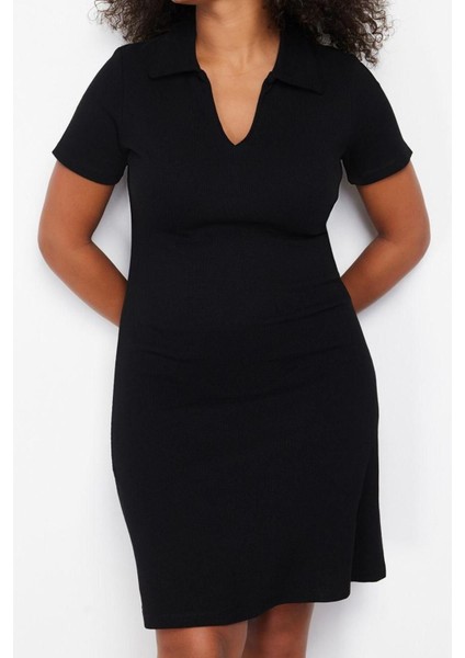Moda Slim Casual Günlük Kaşkorse Örme Polo Yaka Kısa Kol A-Line Midi Boy Büyük Beden Elbise fırsatları