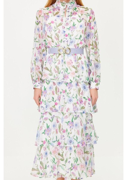 Moda Regular Günlük Yoryo Şifon Dokuma Gömlek Yaka Uzun Kol Eteği Fırfırlı Maxi Boy Tesettür Elbise