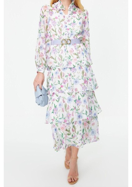 Moda Regular Günlük Yoryo Şifon Dokuma Gömlek Yaka Uzun Kol Eteği Fırfırlı Maxi Boy Tesettür Elbise modelleri