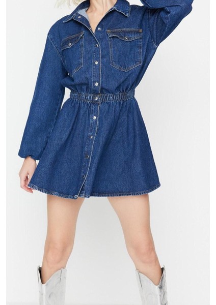 Moda Regular Mezuniyet Balo Rigid Denim Gömlek Yaka Kısa Kol Skater Kısa Boy Elbise